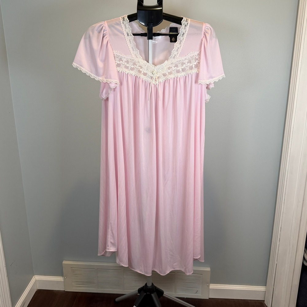 Miss Elaine Silk‎ Essence Pink Lace Trim Nightgown Short Sleeve XL 204319D